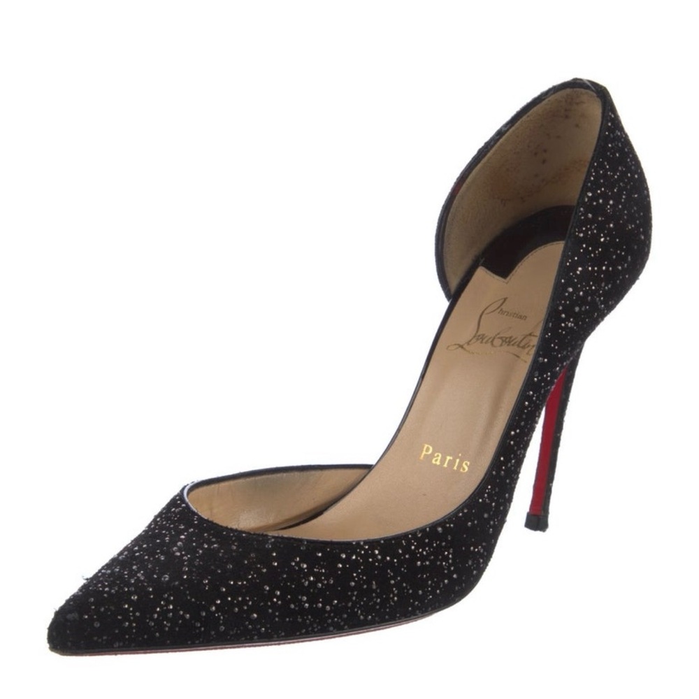 Christian Louboutin Black Glitter D'Orsay Pointed Pump with Red Sole